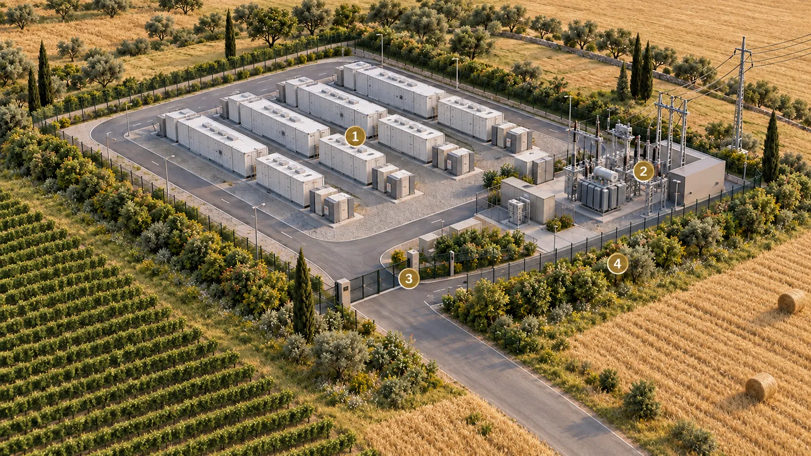 Assonometria di un impianto BESS: 1 disposizione dei container, 2 apparecchiature di connessione, 3 ingresso e viabilità, 4 vegetazione perimetrale