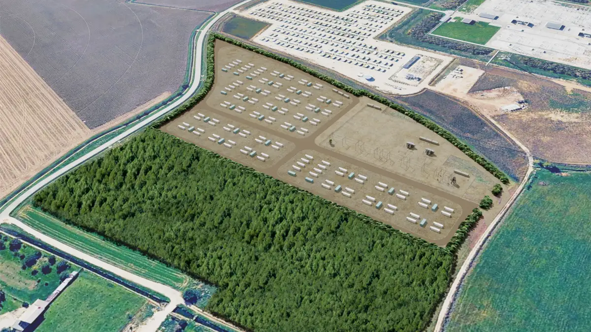 Rendering aereo del sistema di accumulo Eagle 1 nel paesaggio circostante